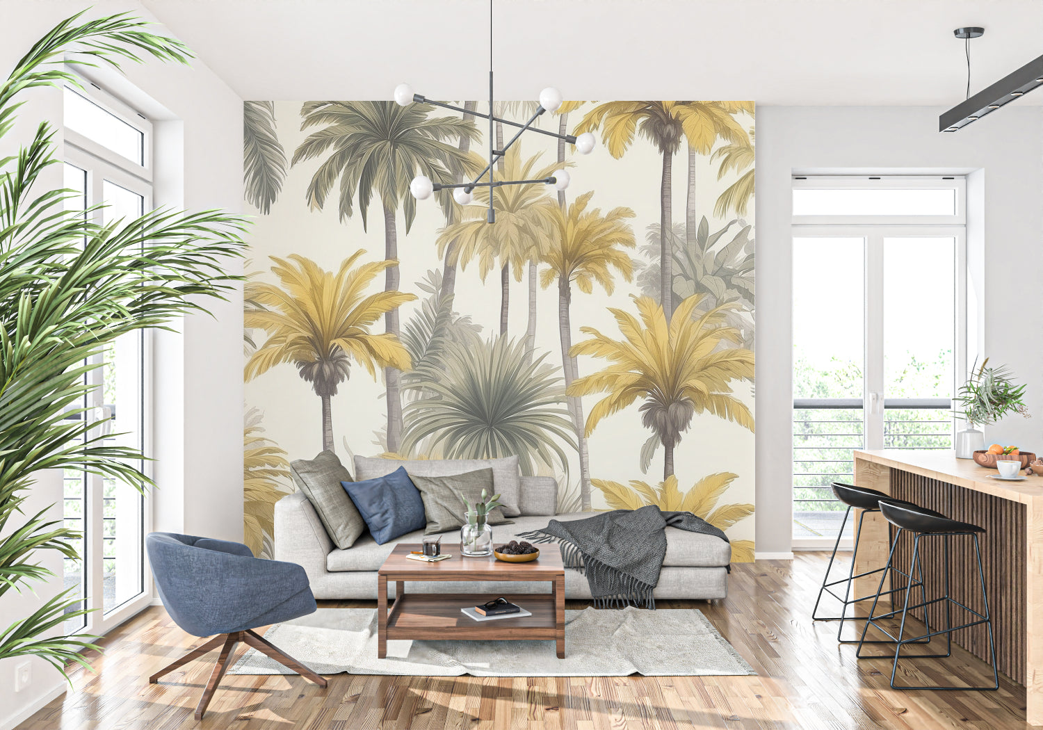 Golden palm wallpaper bringing tropical elegance to a dining room setting