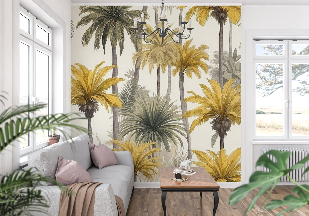 Tropical paradise wallpaper transforming a home office with sophisticated palm design