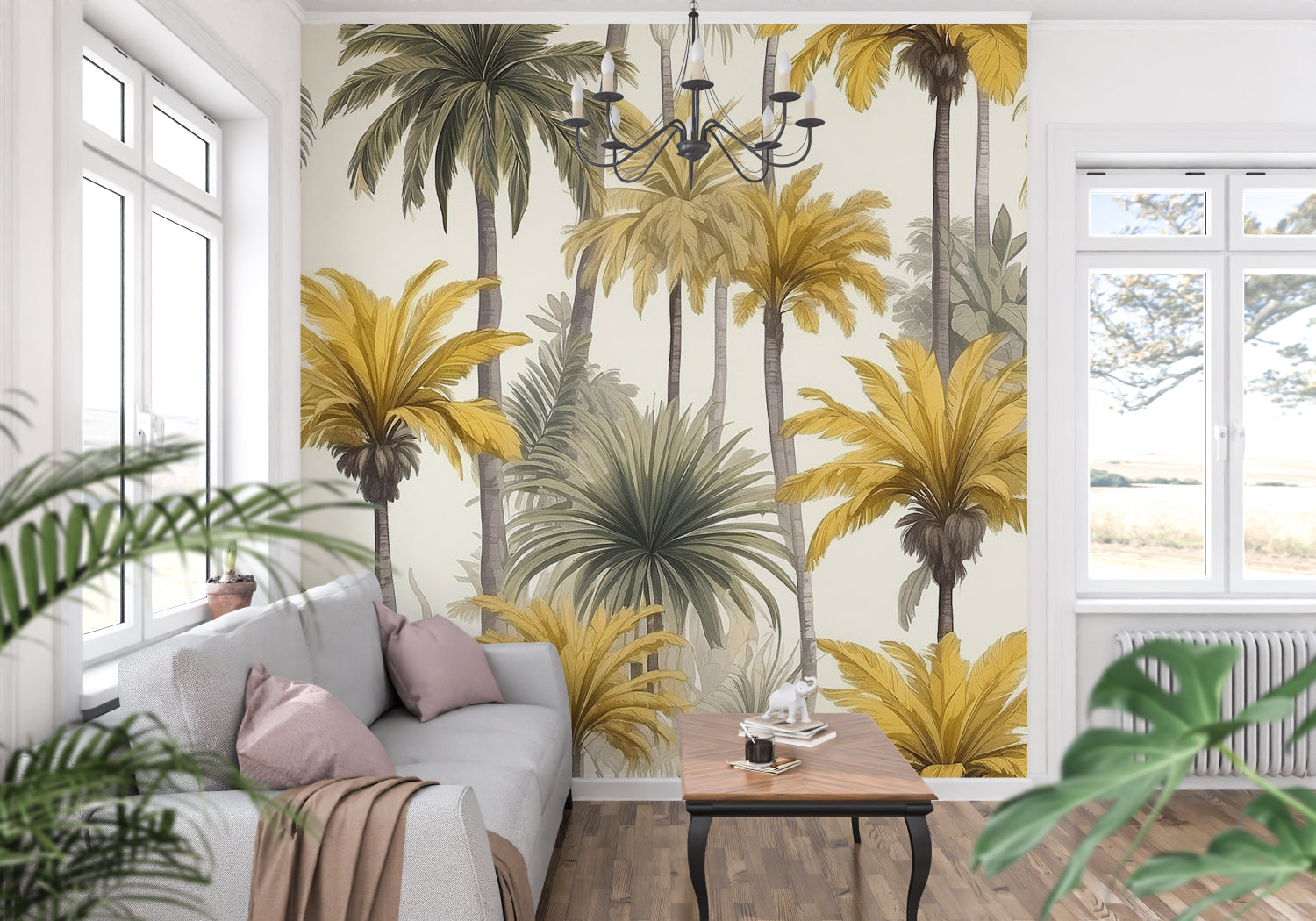 Tropical paradise wallpaper transforming a home office with sophisticated palm design