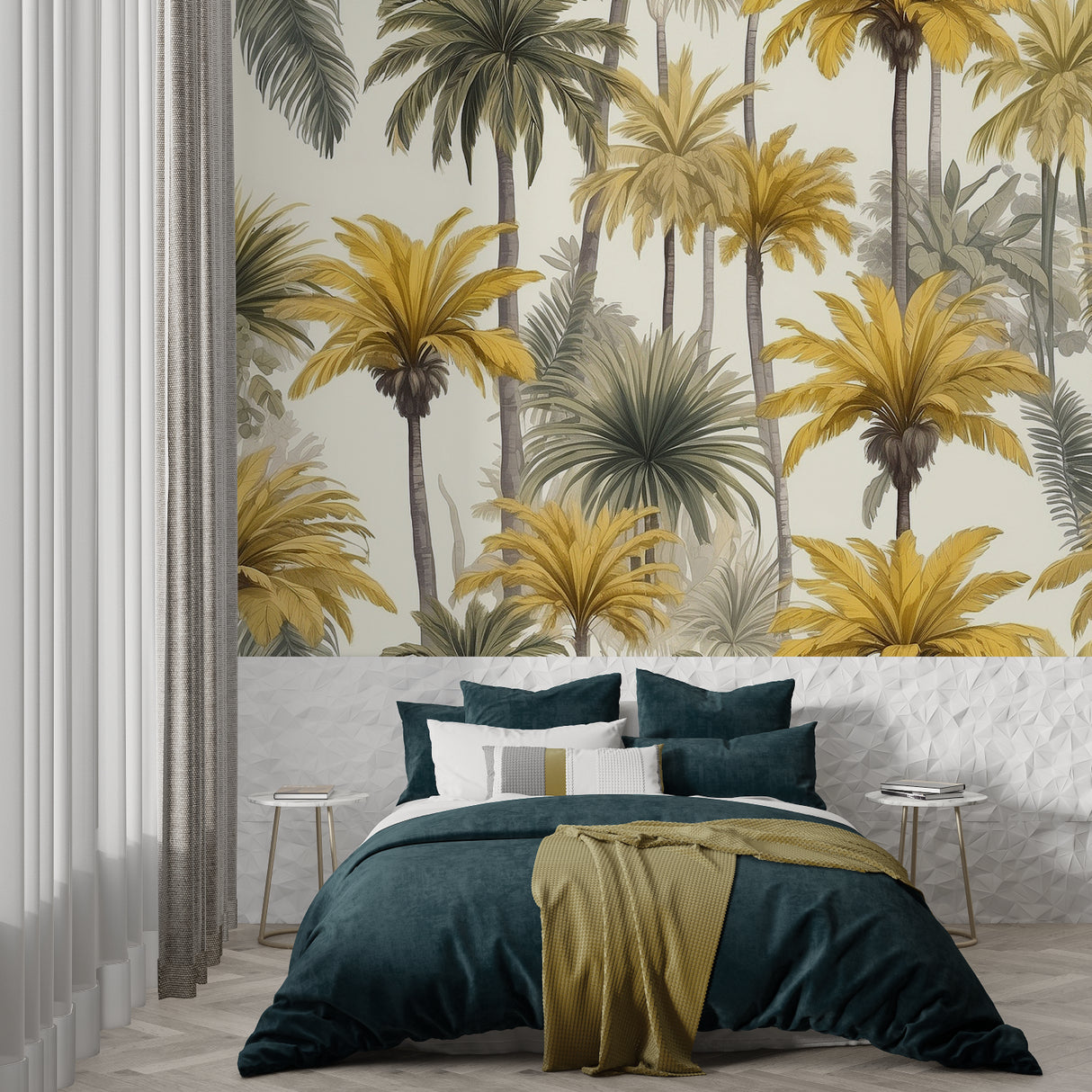 Palm tree mural creating a peaceful atmosphere in a hotel lobby space