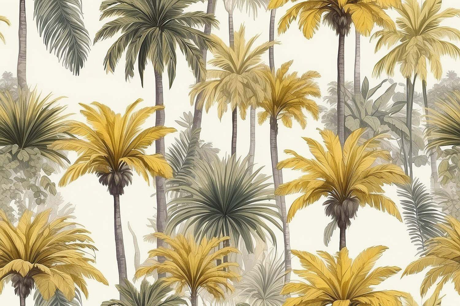 Design file showing detailed golden and grey palm leaves pattern on cream background