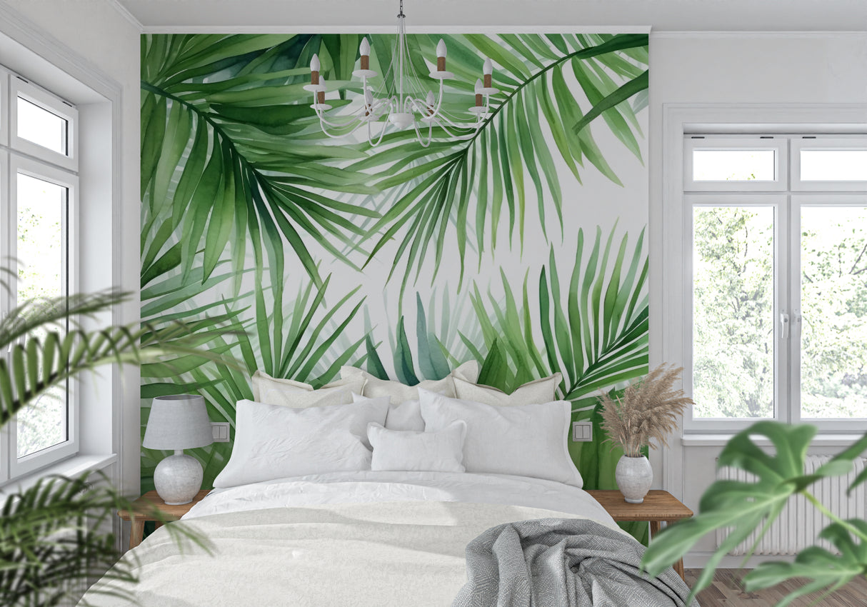 Tropical palm leaf wallpaper creating a fresh look in a modern living room with white sofa