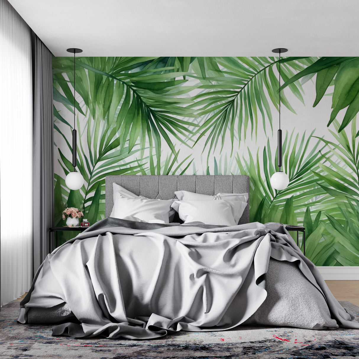 Palm frond wallpaper brightening up a bedroom with natural light