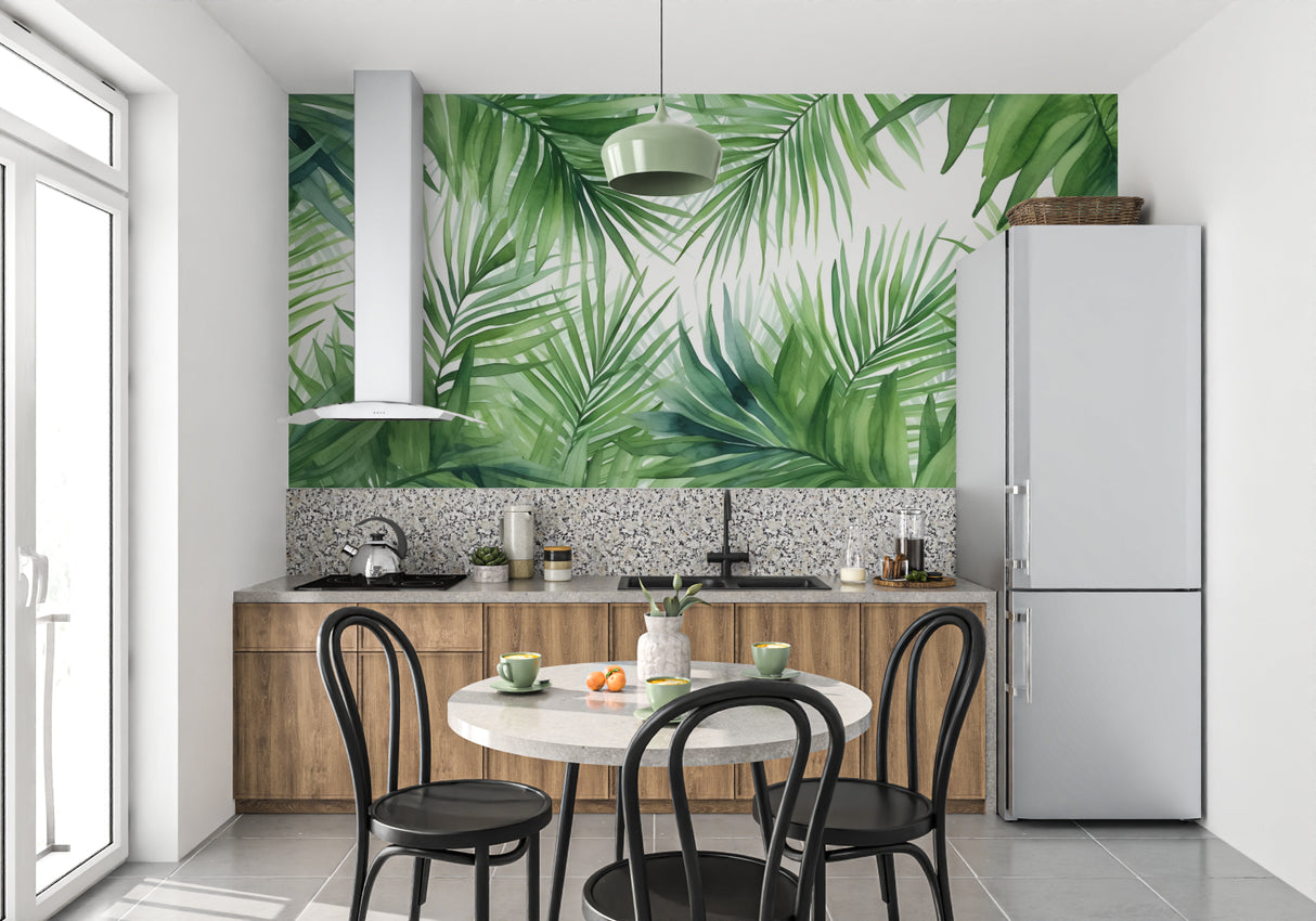 Green palm leaf mural adding life to a home office space