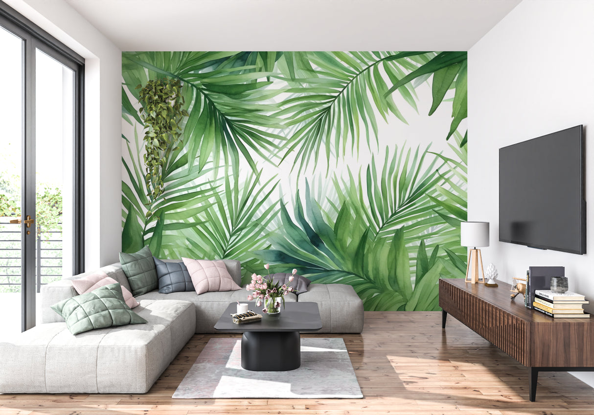 Botanical wall mural in a dining room with modern furniture