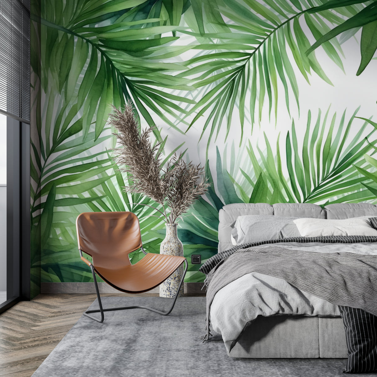 Palm pattern wallpaper enhancing a hallway with natural theme