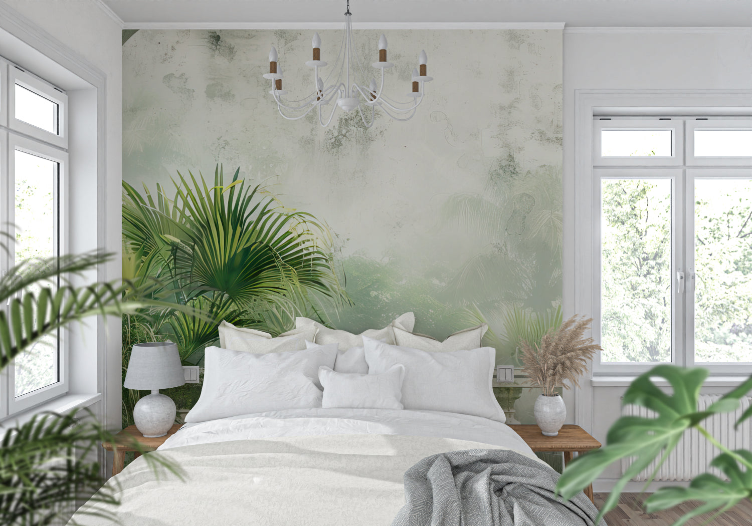 Tropical palm mural wallpaper creating a spa-like atmosphere in a modern living room with natural light
