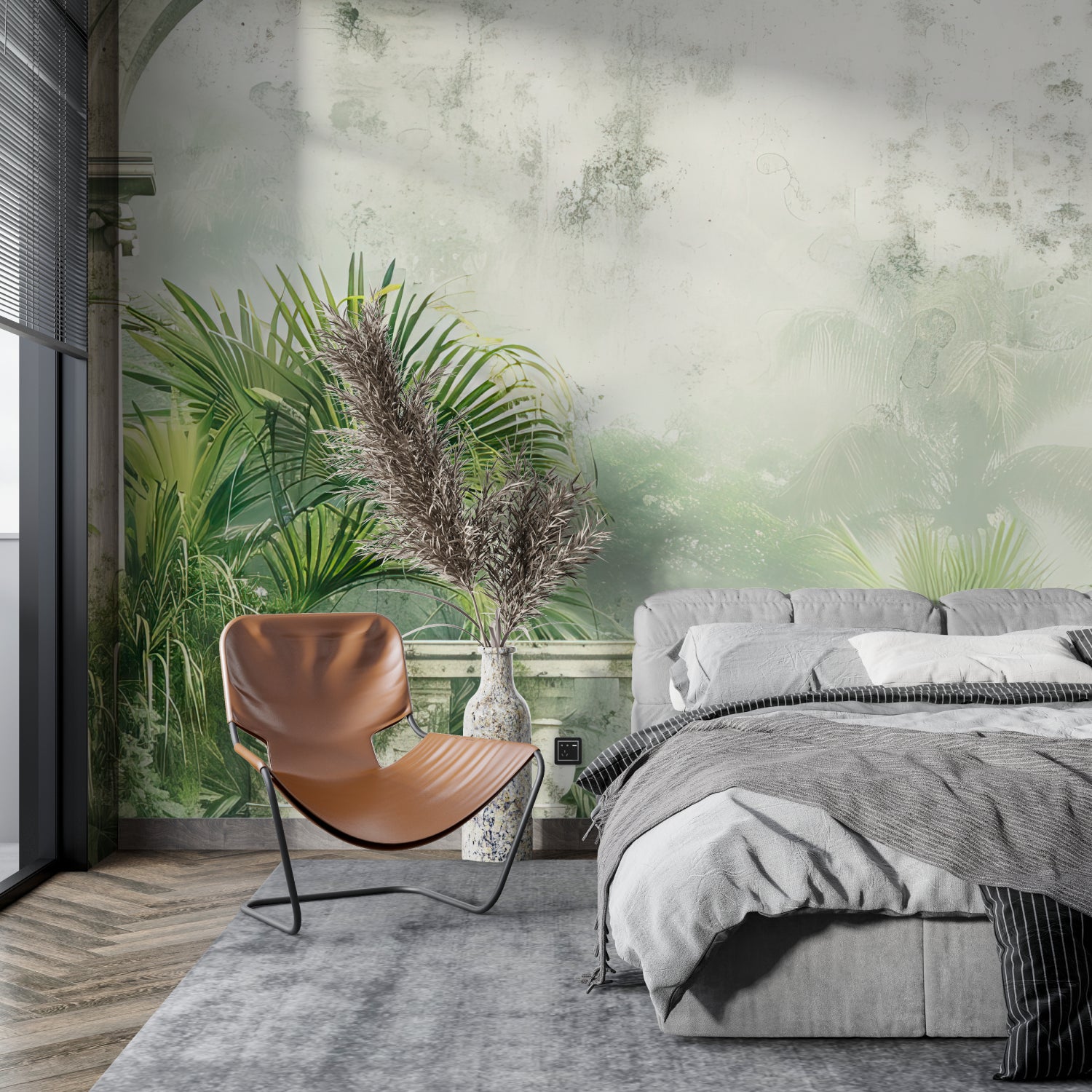 Botanical wall mural showcased in a bright home office with clean lines