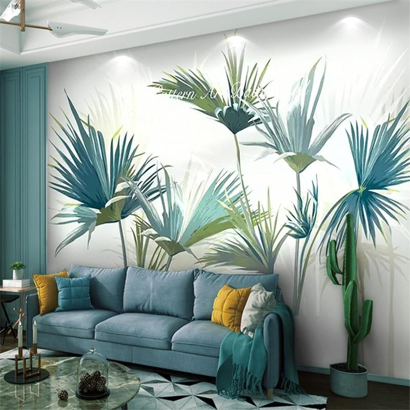 Modern Tropical Palm Wallpaper creating a fresh vibe in a bright living room with white furniture