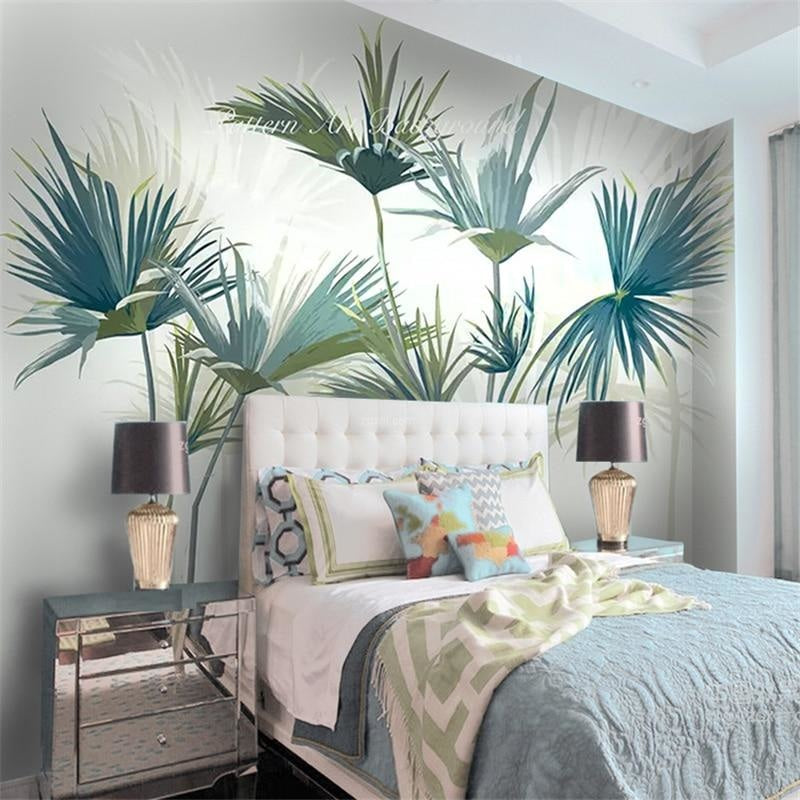 Teal Palm Leaf Wallpaper making a statement in a contemporary bedroom setting