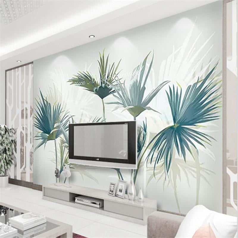 Modern Palm Mural transforming a home office with its fresh teal and white design
