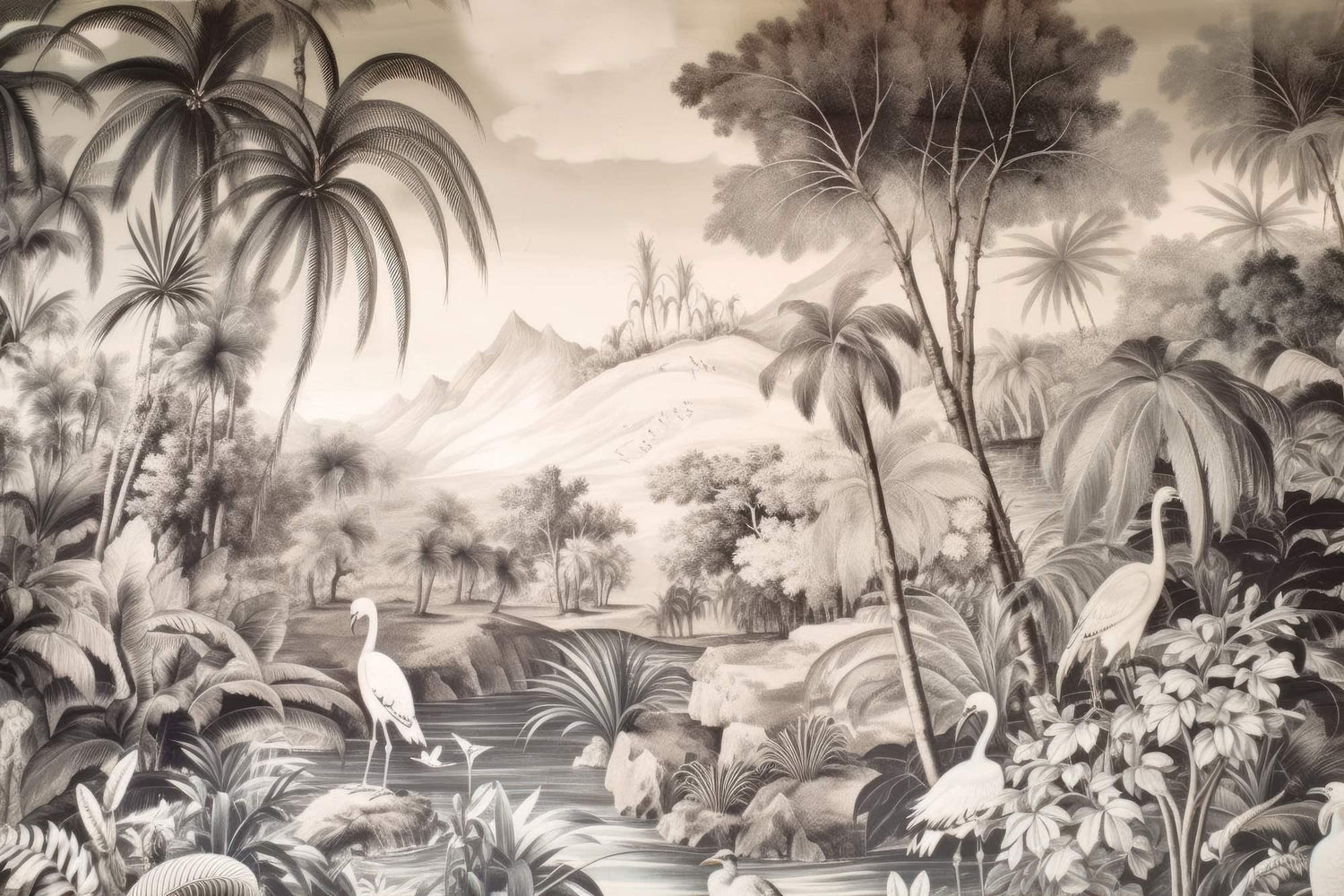 Monochrome tropical paradise design file showing detailed palm trees and elegant herons in sepia tones
