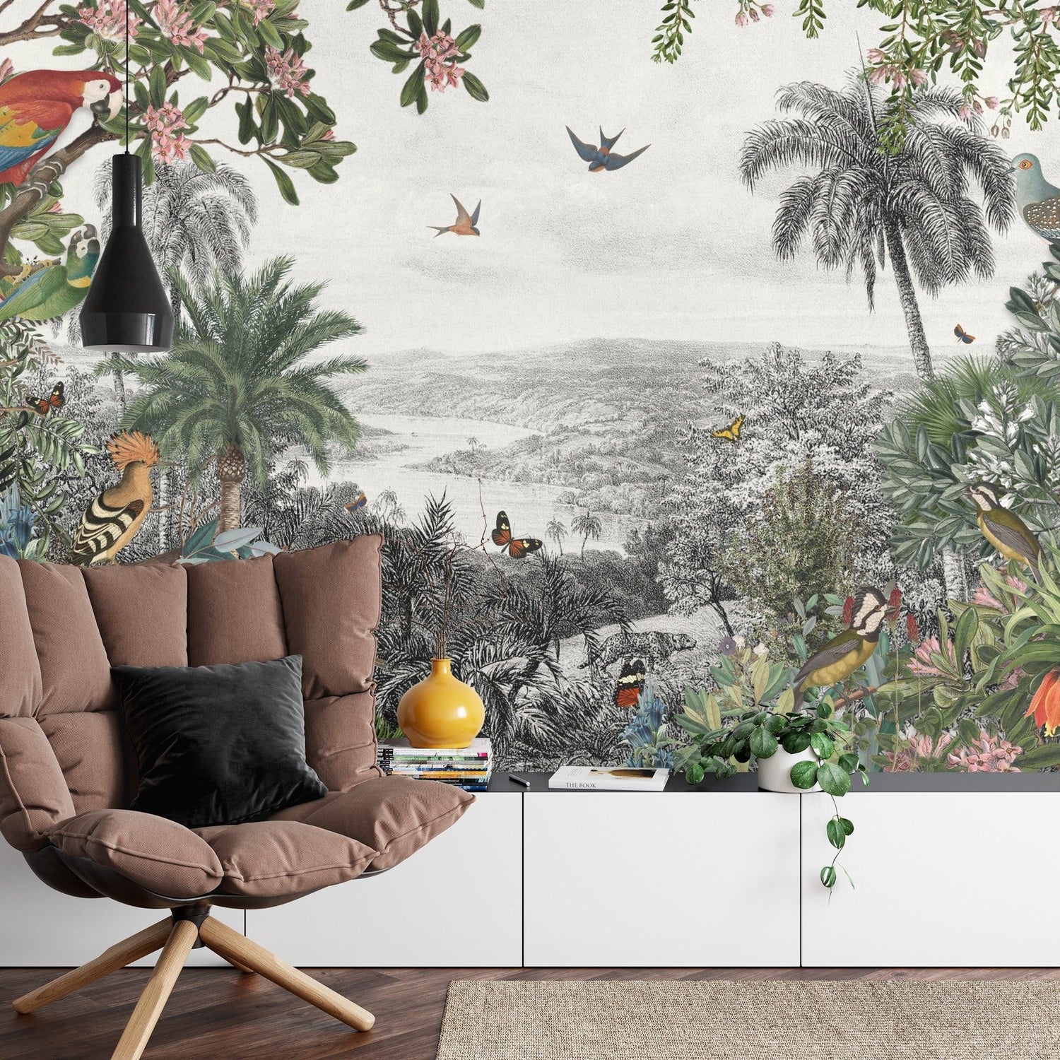 Tropical Paradise Wallpaper creating a stunning focal point in a modern living room with natural light