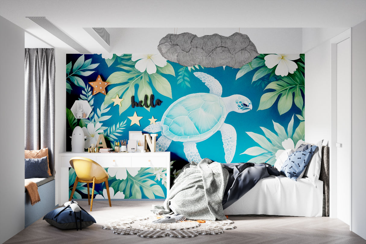 Sea turtle wallpaper creating a peaceful atmosphere in a modern living room with natural light