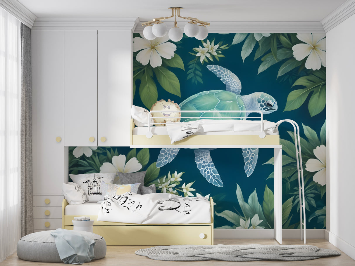 Ocean theme mural wallpaper displayed in a cozy bedroom setting with coastal decor