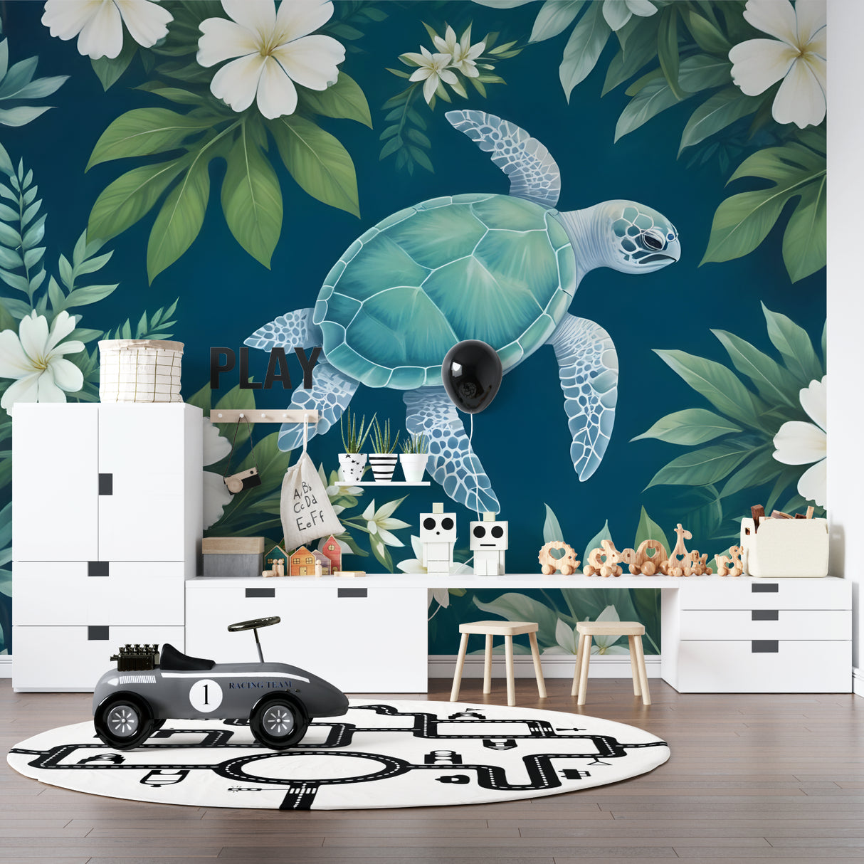 Tropical sea turtle wall mural brightening up a child's bedroom with soft blue tones