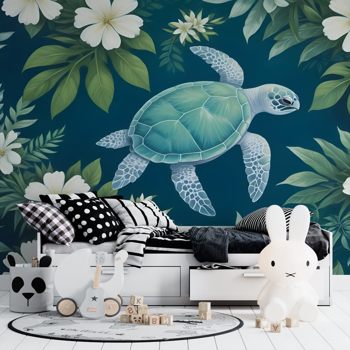 Sea turtle and white flowers wallpaper creating depth in a bathroom space