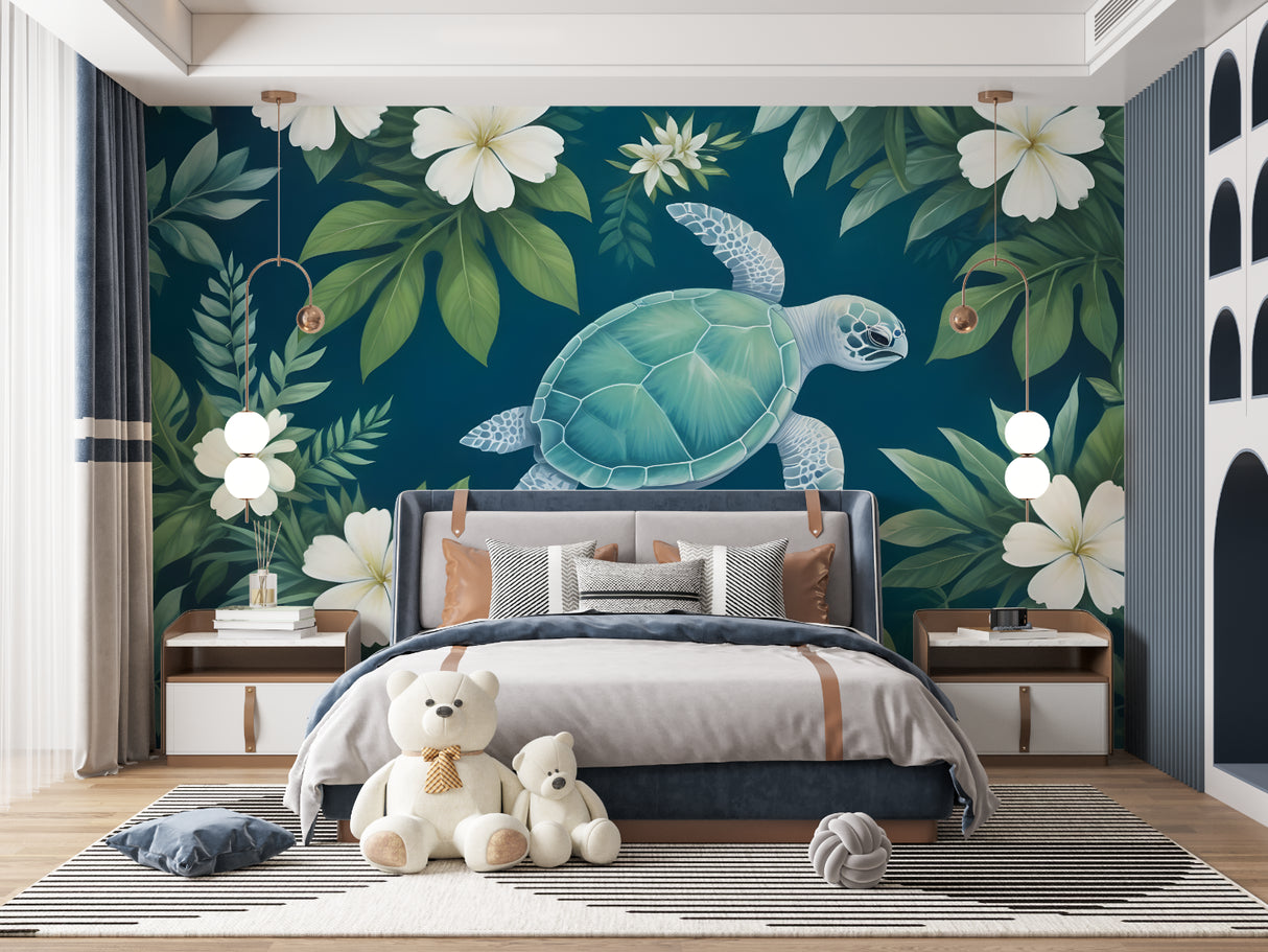 Marine life wallpaper installation showing scale in a home office setting