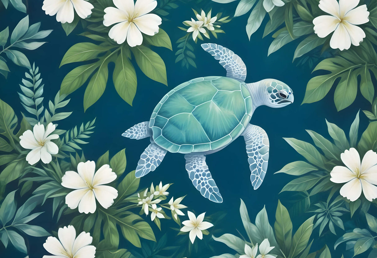 Sea turtle with white flowers design file showing intricate pattern details and true colors