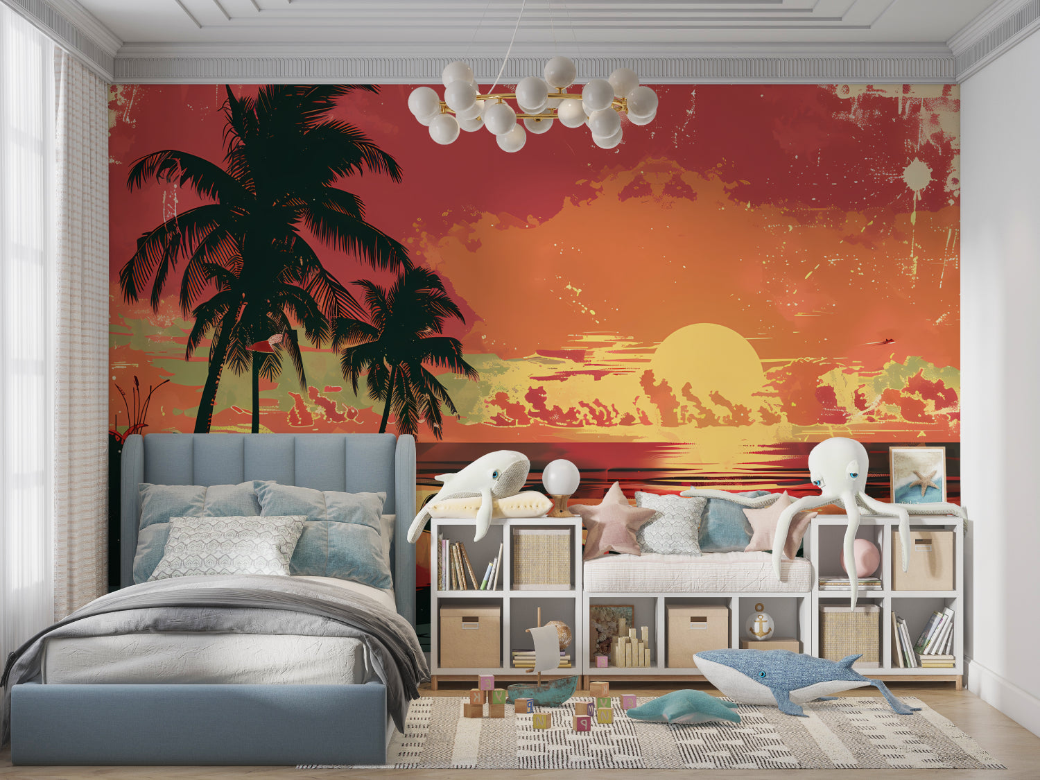 Beach sunset mural with retro car bringing warmth to a master bedroom