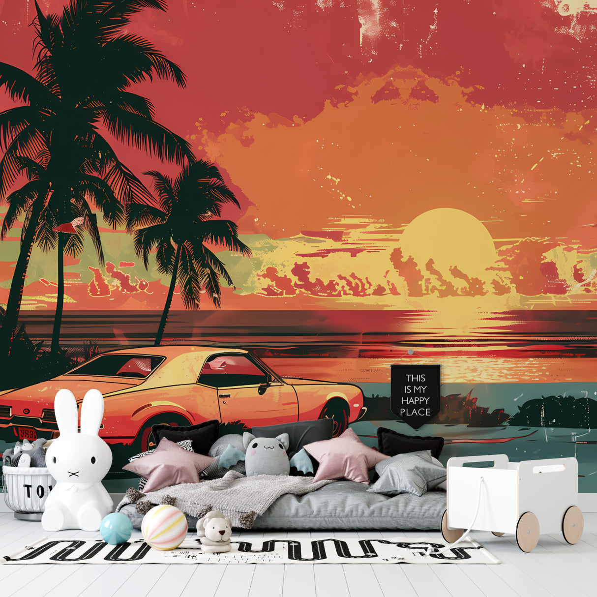 Sunset beach wallpaper with classic car transforming a home office space
