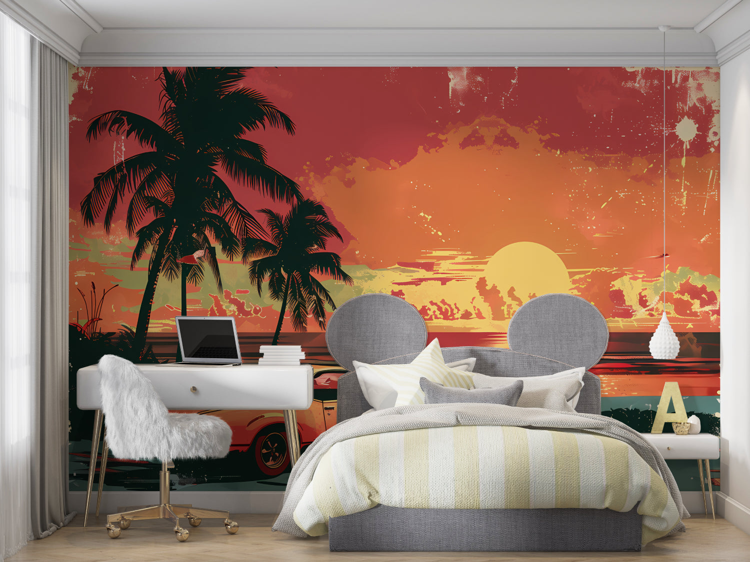 Tropical paradise wall mural with vintage car making a statement in dining room