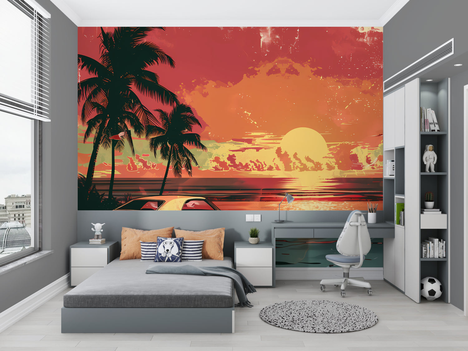 Beach sunset wallpaper featuring retro car creating depth in hallway