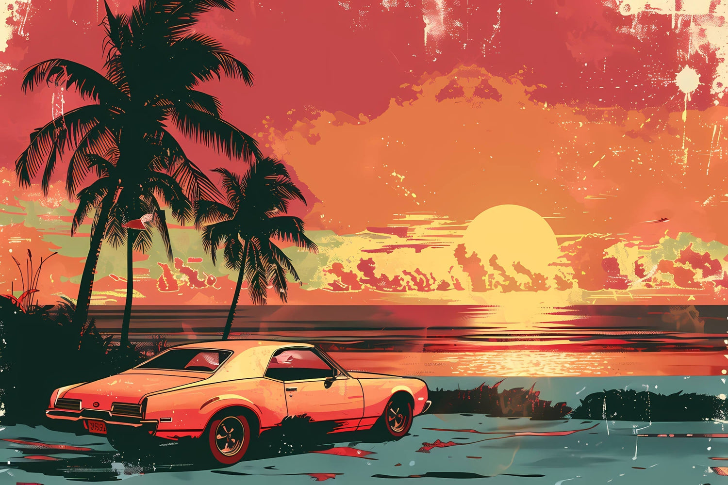 Design file of tropical beach paradise sunset pattern with vintage car and palm trees