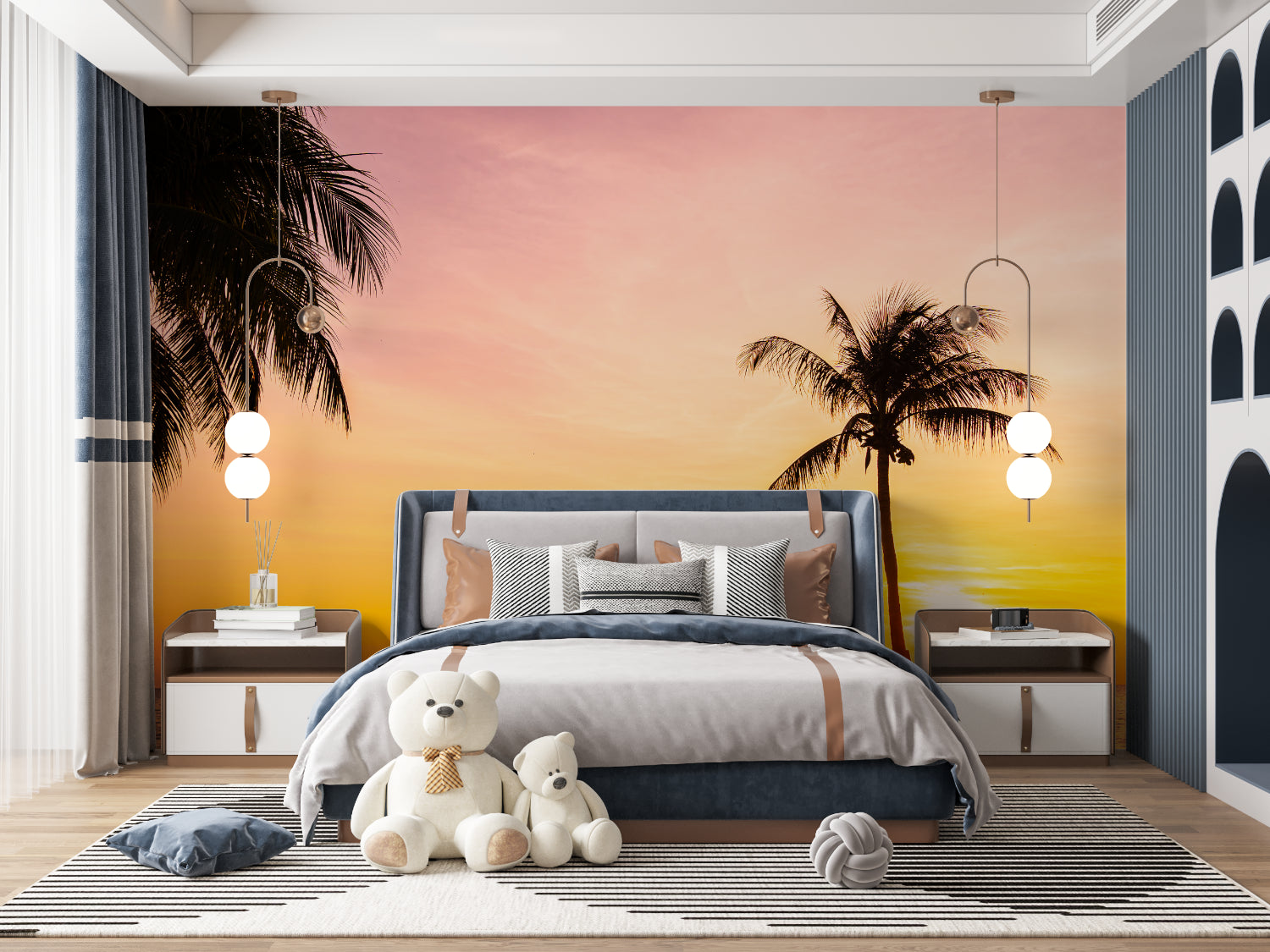 Tropical sunset beach wallpaper in modern living room showing warm golden tones and palm silhouettes