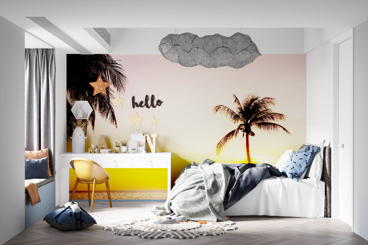 Beach paradise mural wallpaper creating cozy atmosphere in master bedroom