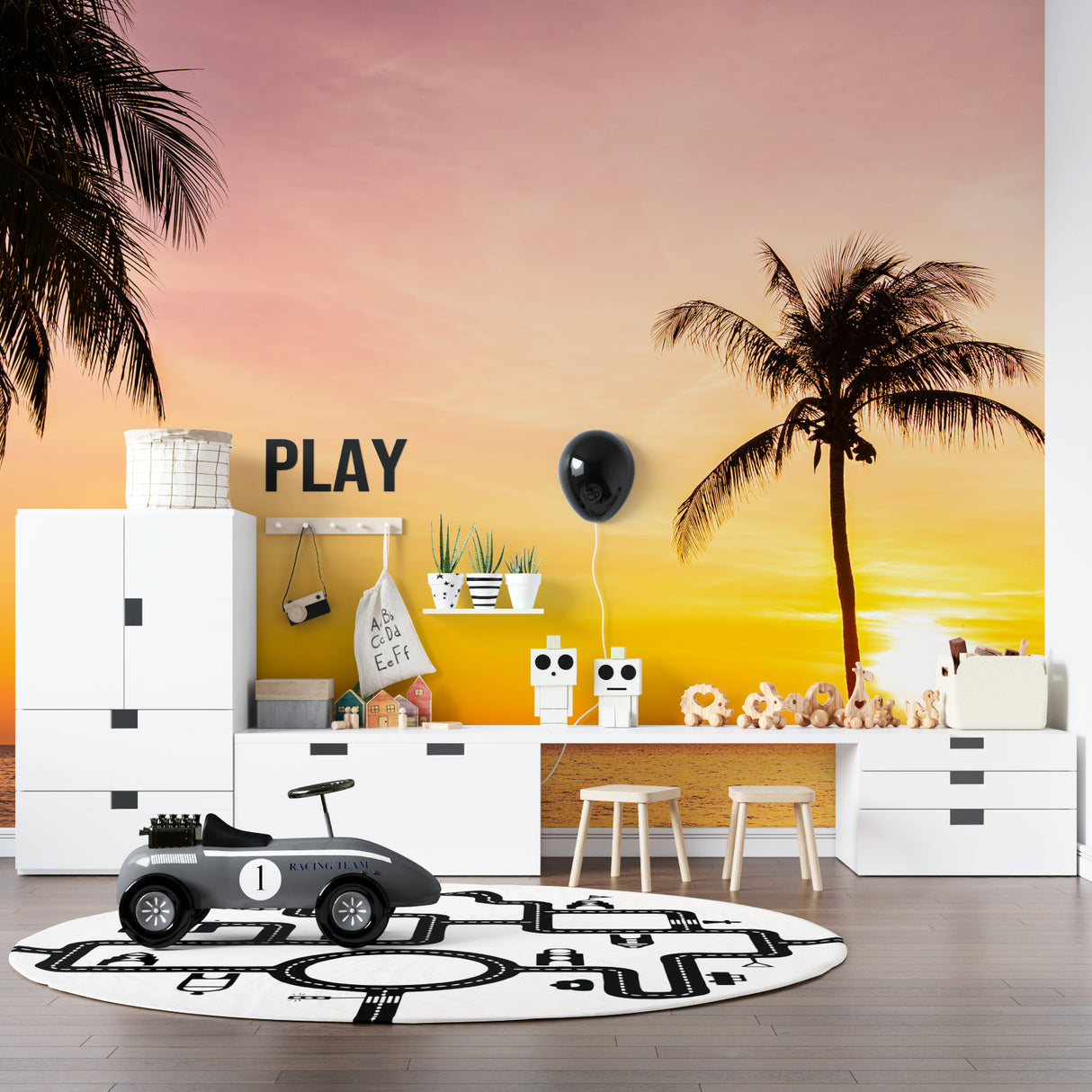 Sunset palm tree wallpaper installation in home office space showing scale