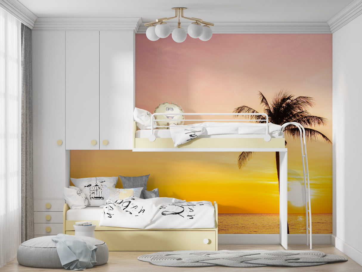 Tropical beach wallpaper bringing warmth to dining room setting