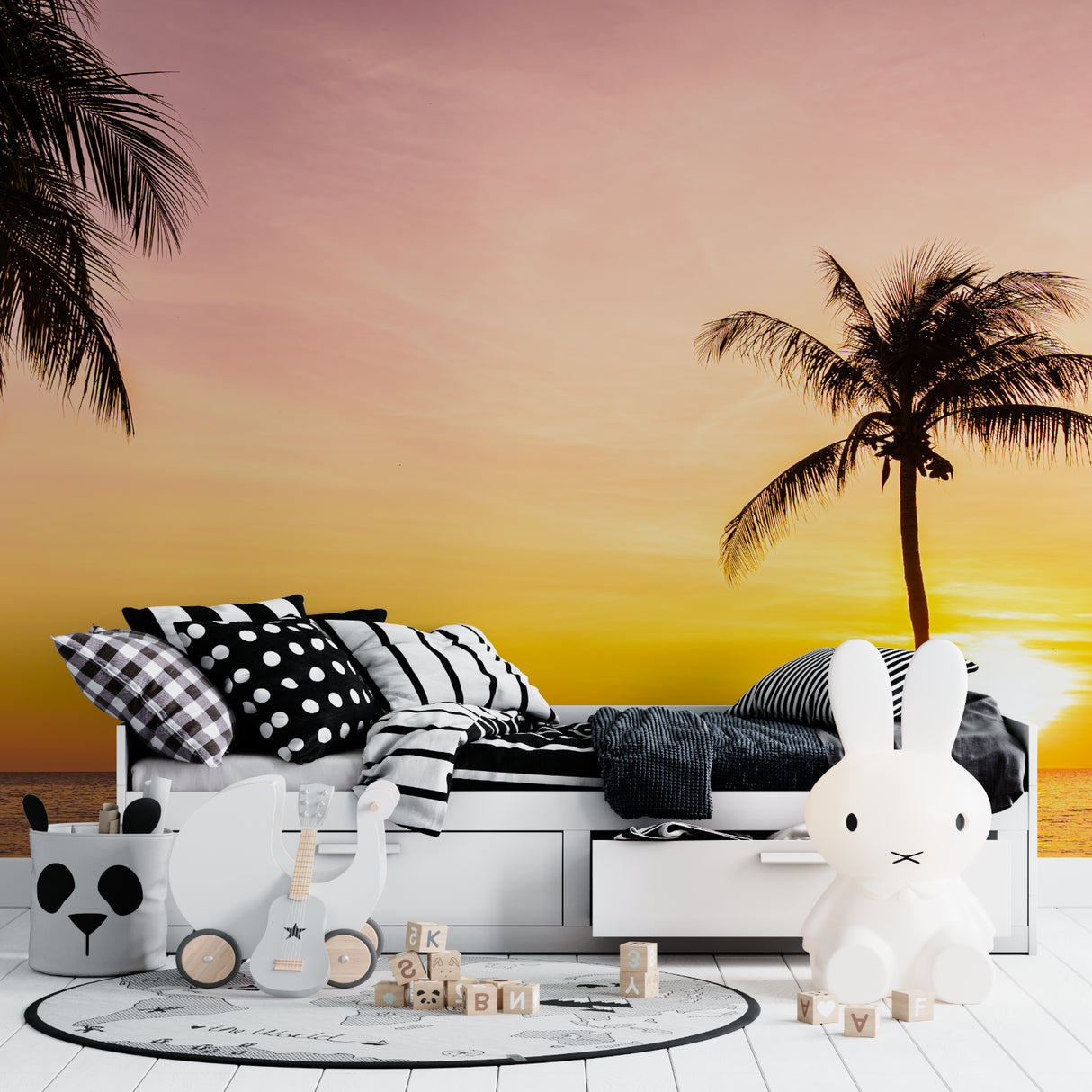Palm tree sunset mural as feature wall in modern bathroom