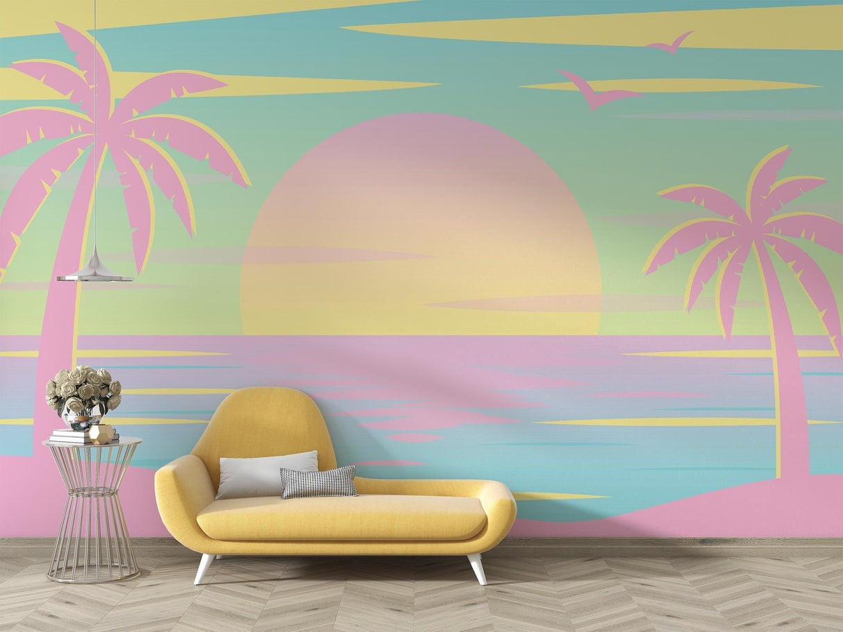 Tropical beach sunset wallpaper creating a calm atmosphere in a modern living room with minimal furniture