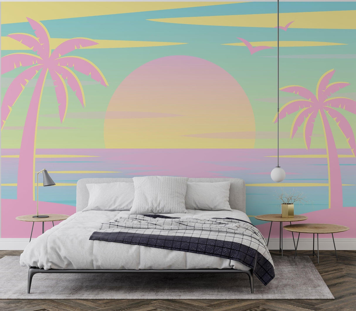 Beach paradise mural wallpaper making a statement in a cozy bedroom with pastel decor