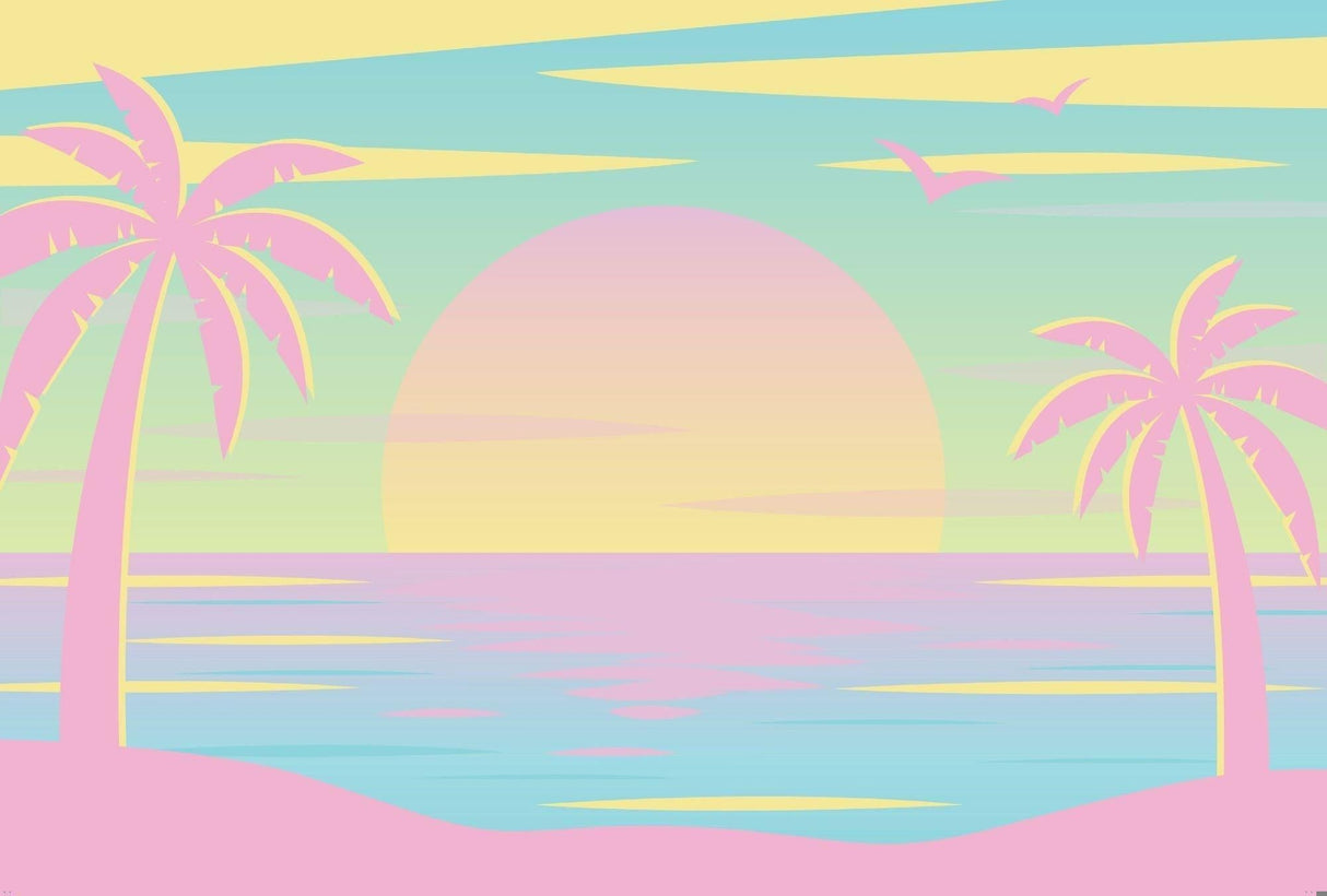 Tropical sunset wallpaper design file showing detailed pastel palm trees and golden sun pattern