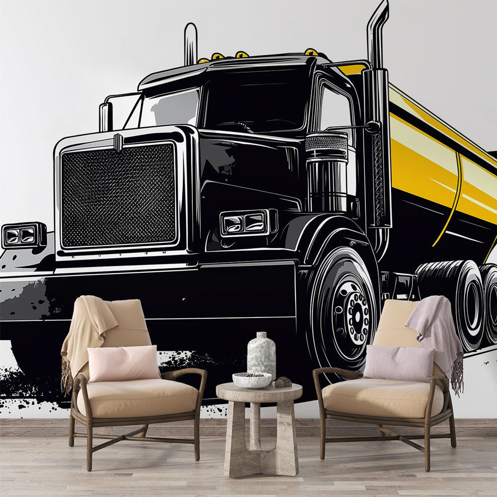 Industrial truck wallpaper creating bold impact in modern office space with black and yellow design elements