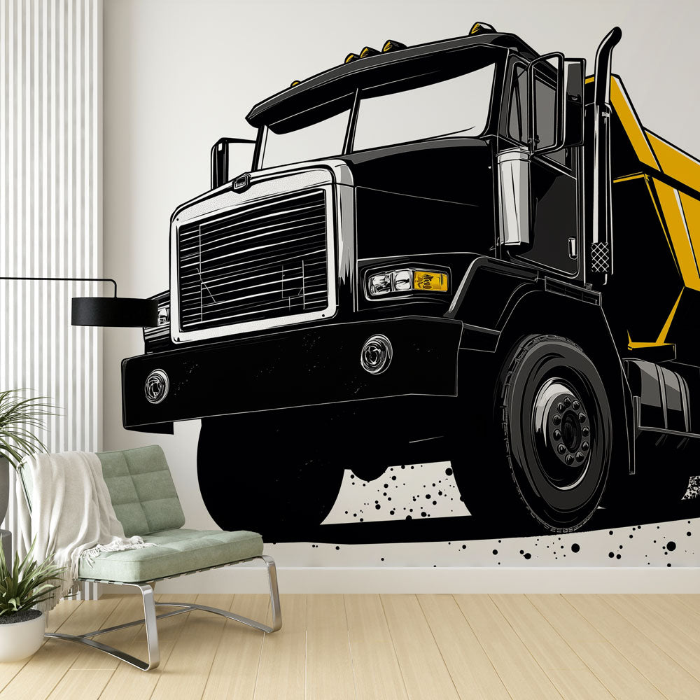 Industrial truck wallpaper bringing bold style to a modern playroom, black and yellow design creating dynamic impact