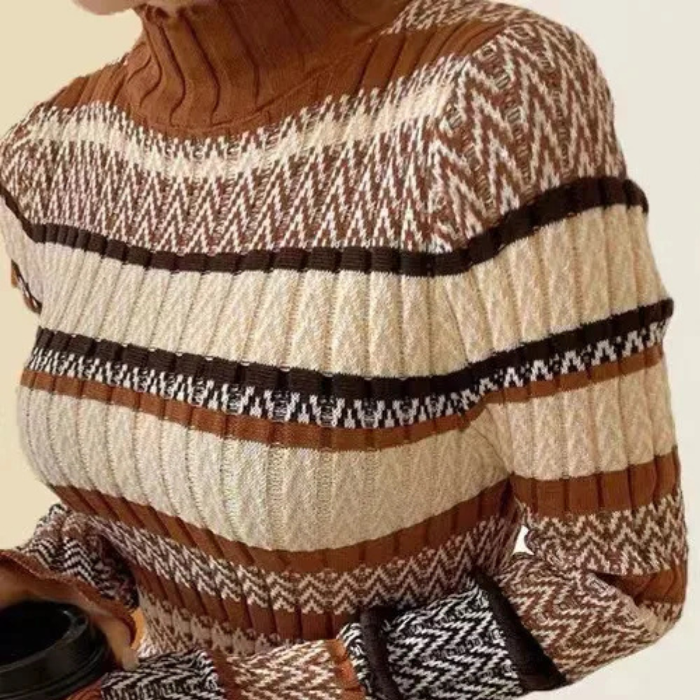 Striped Knit Maxi Dress Wool Blend Turtleneck Design - Product detail 6