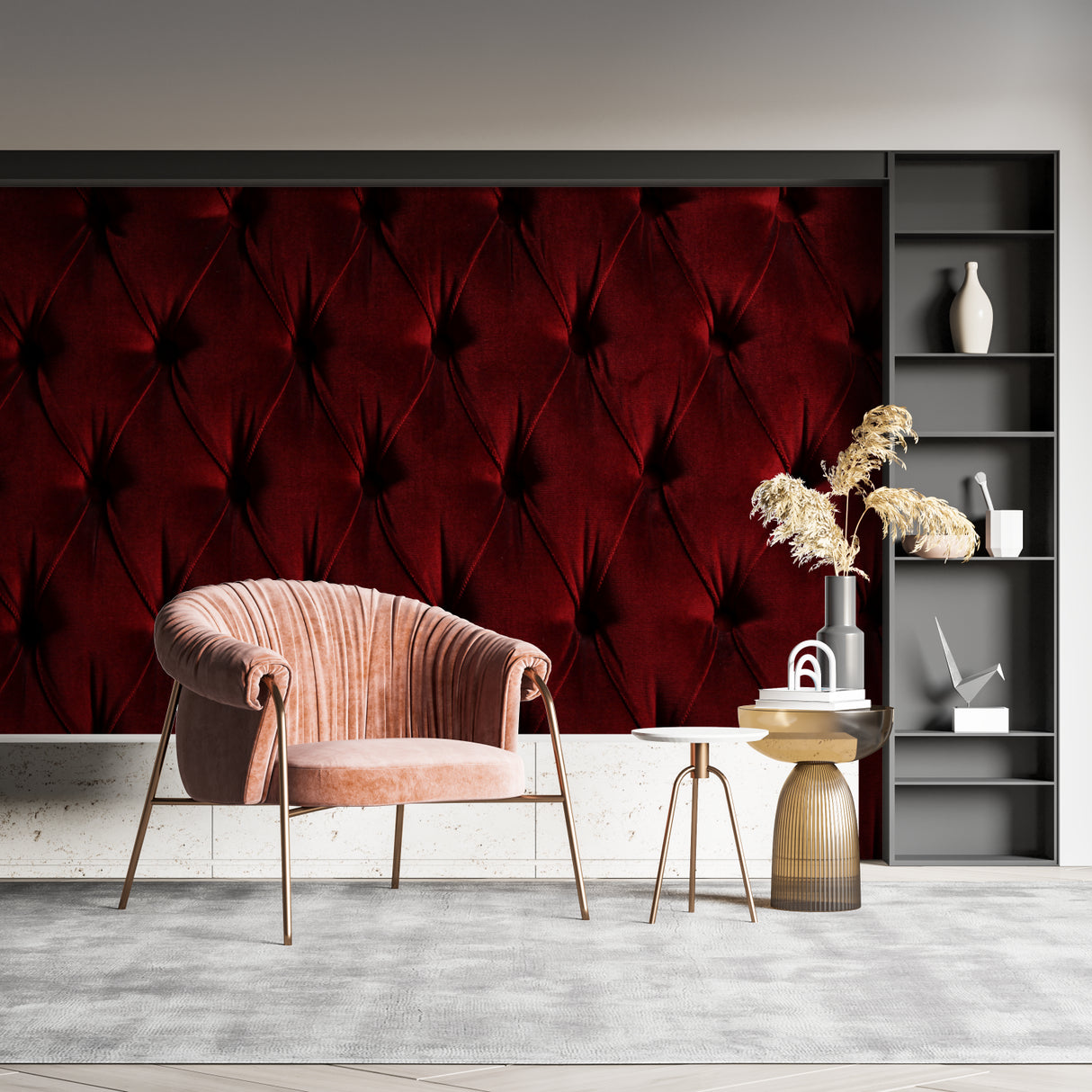 Burgundy 3D tufted wallpaper creating depth in a modern living room with soft lighting