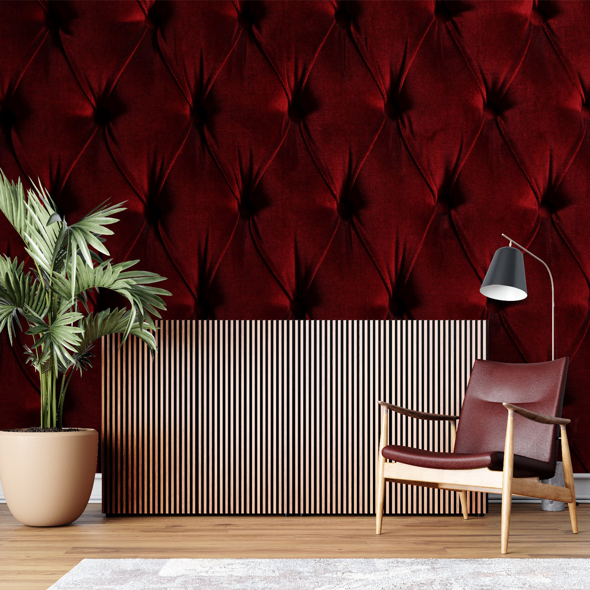 Master bedroom featuring burgundy tufted wallpaper with evening lighting