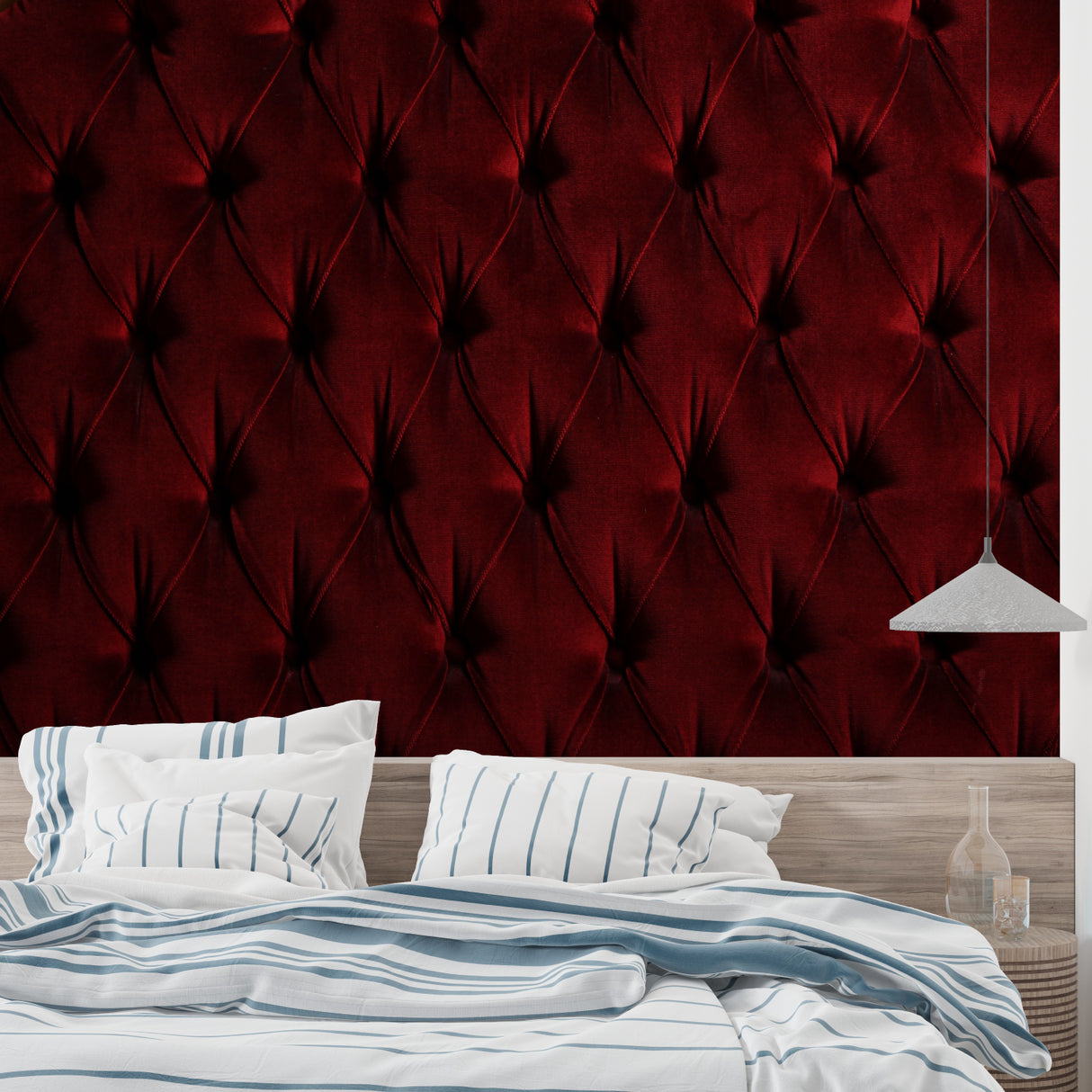 Home office wall with 3D burgundy velvet effect wallpaper and modern furniture