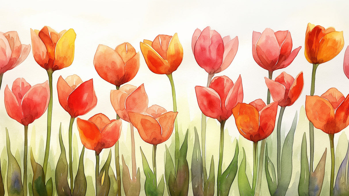 Watercolor Tulip Wallpaper creating a bright, airy atmosphere in a modern living room with natural light