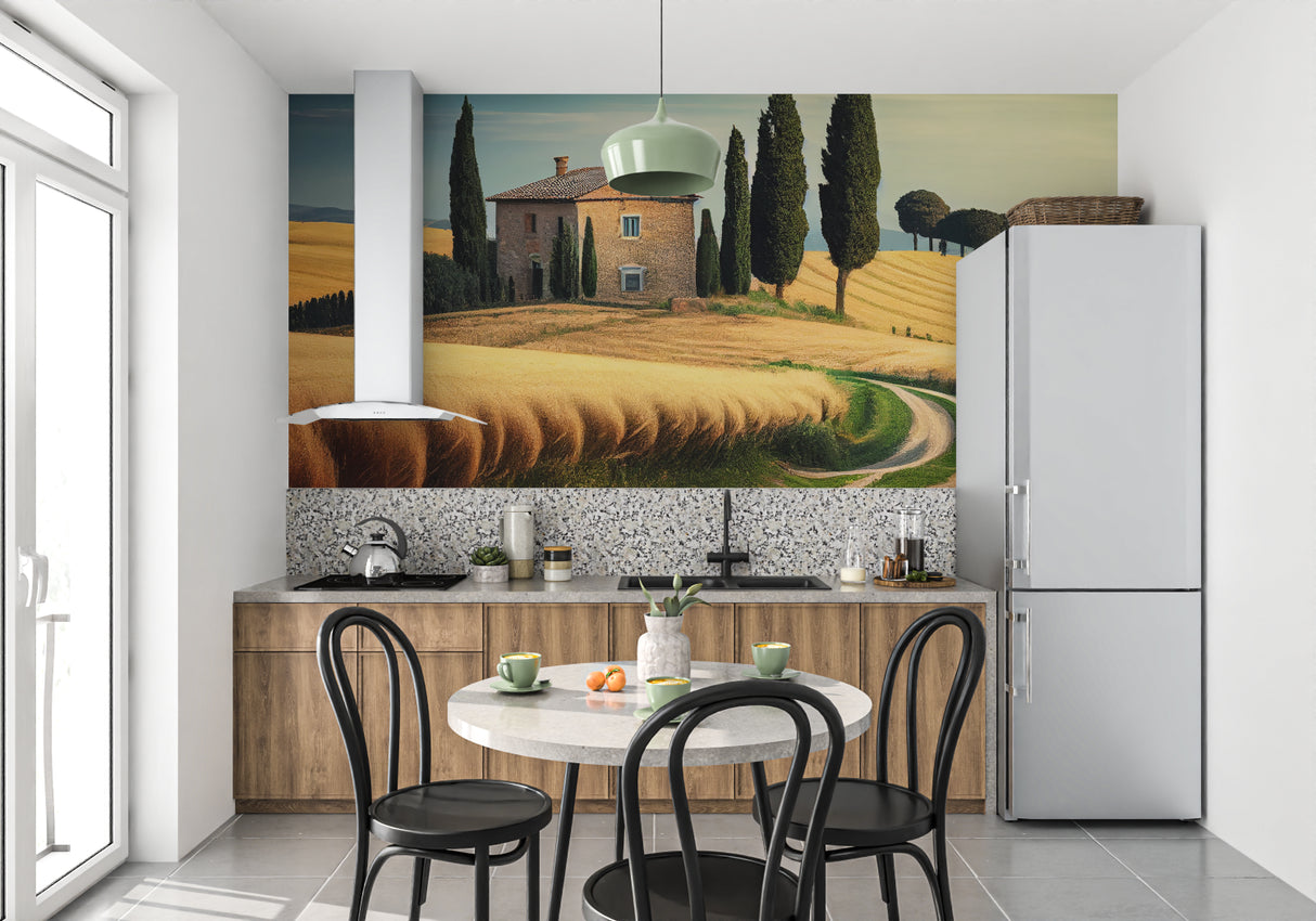 Tuscan landscape wallpaper creating depth in a bright dining room with golden afternoon light