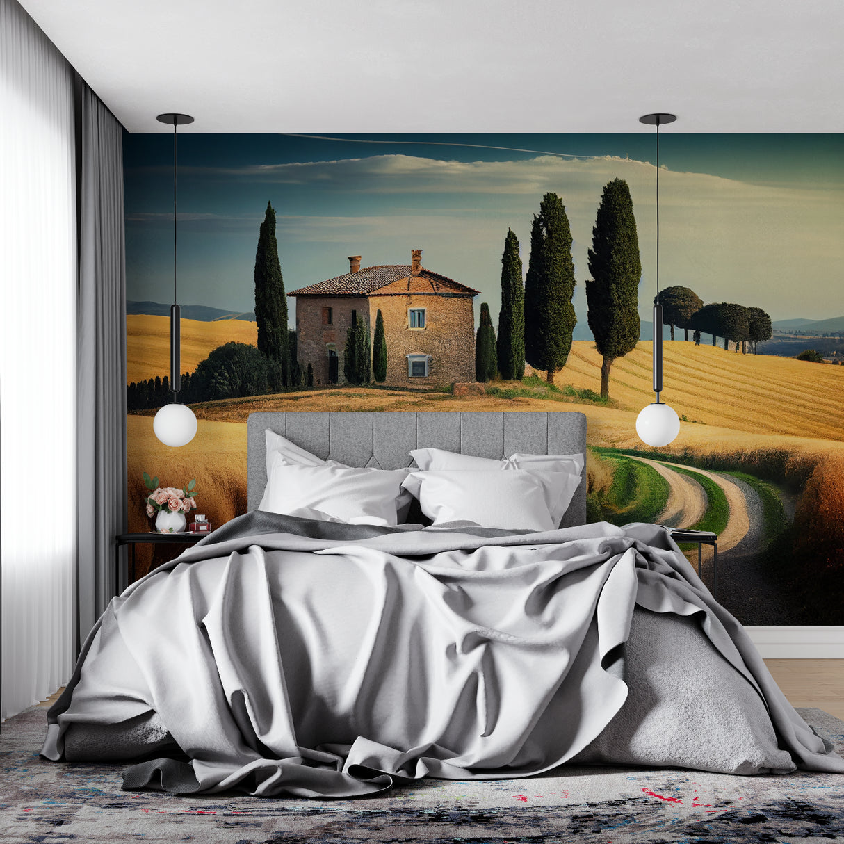 Tuscan countryside mural bringing warmth to a modern bedroom setting