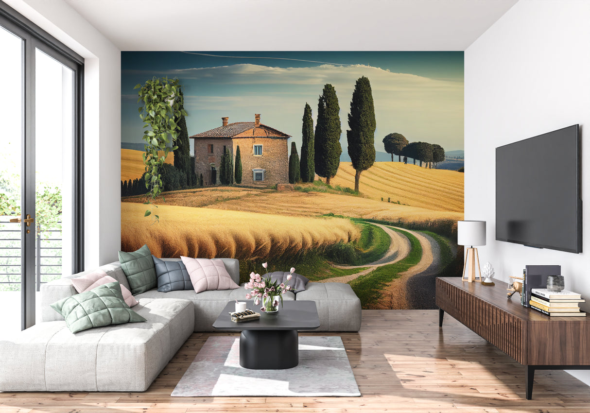 Italian landscape wallpaper transforming a home office with Mediterranean charm