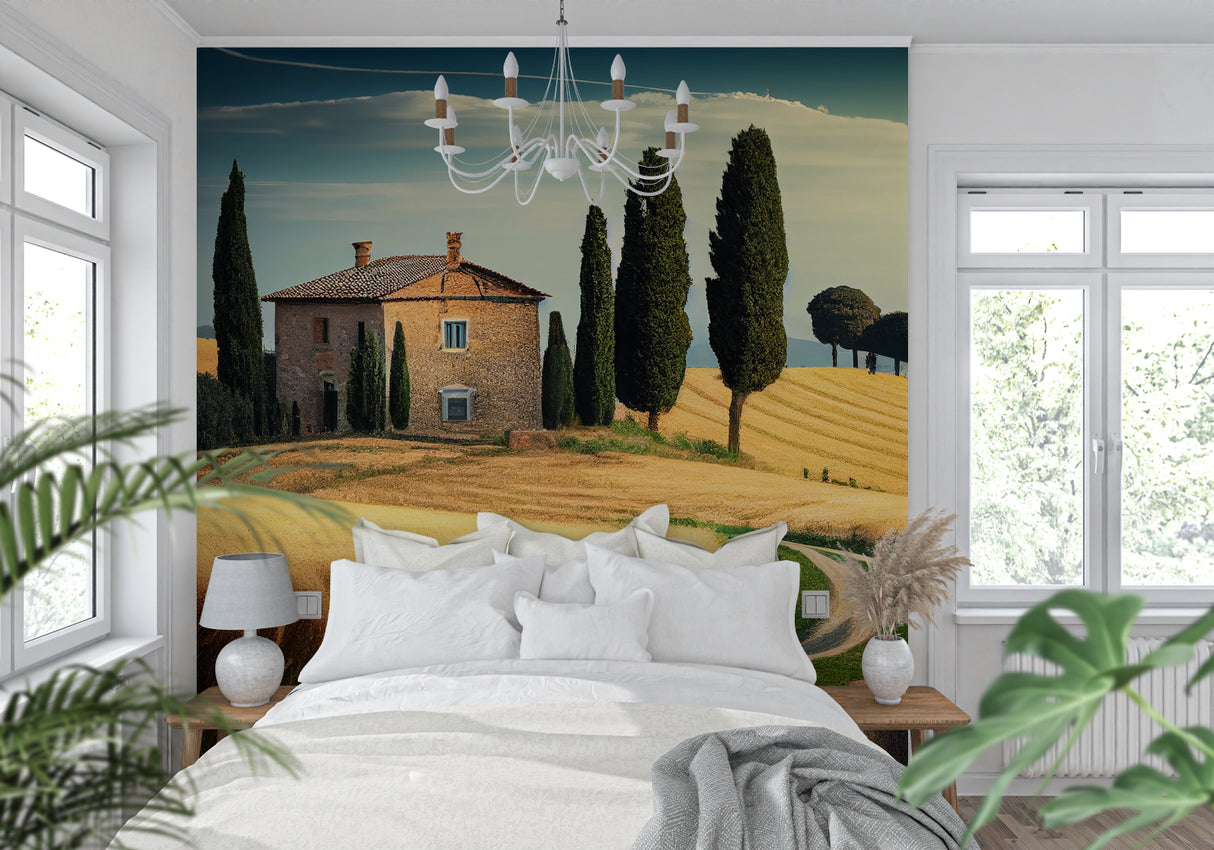 Mediterranean mural creating an elegant backdrop in a rustic kitchen