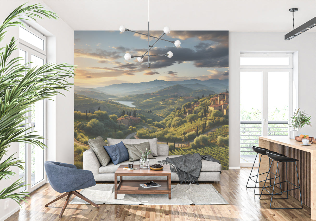 Tuscan landscape wallpaper creating depth in modern living room with grey sofa