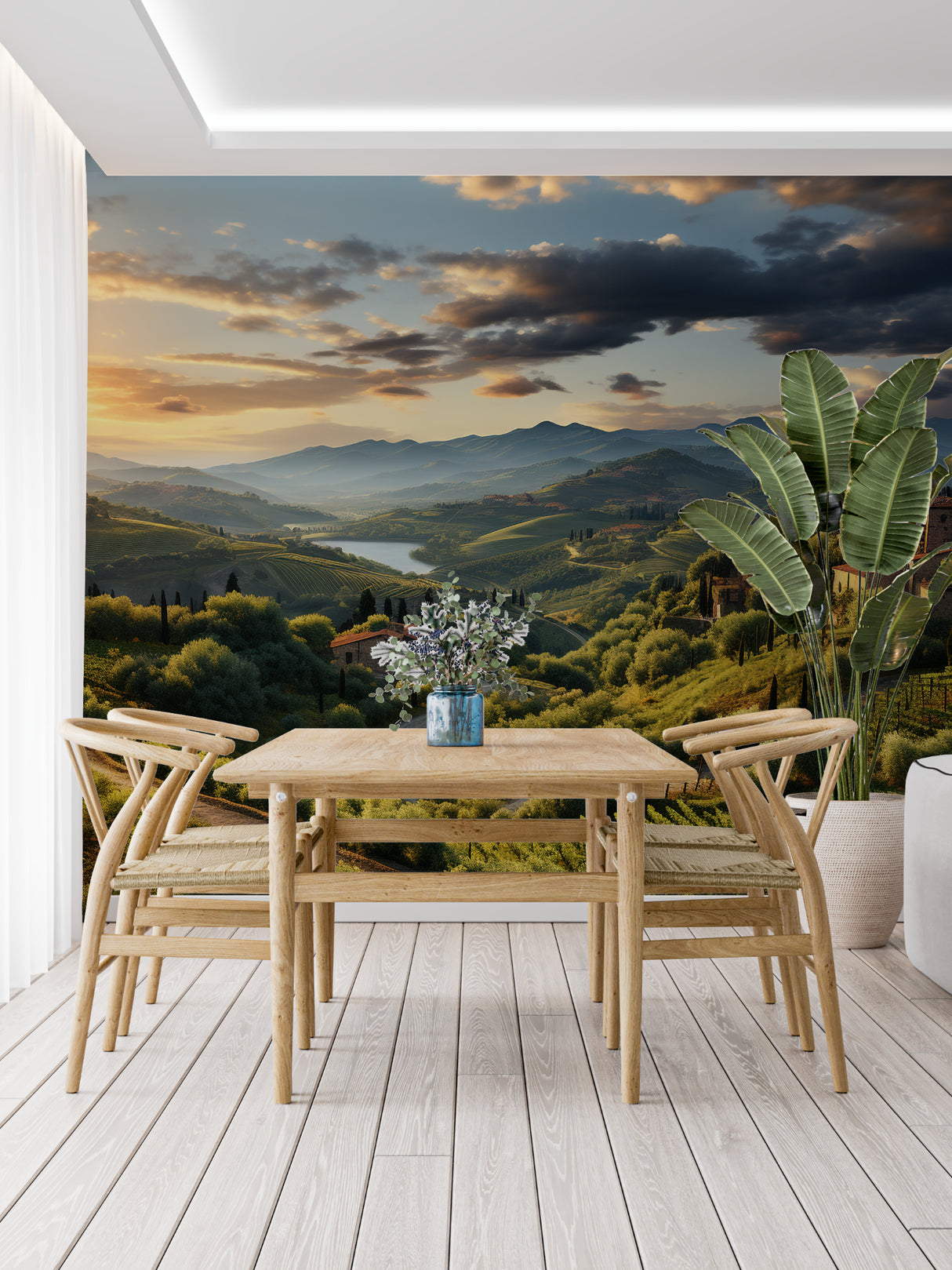 Italian hills mural wallpaper in cozy dining room setting
