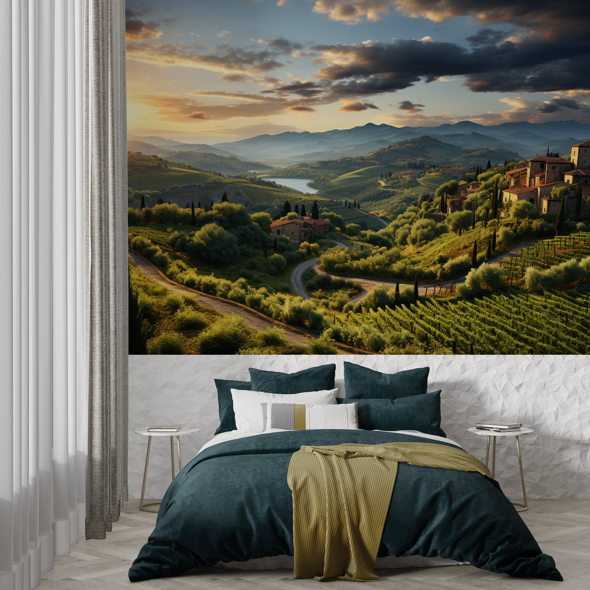 Mediterranean landscape mural in home office with natural light